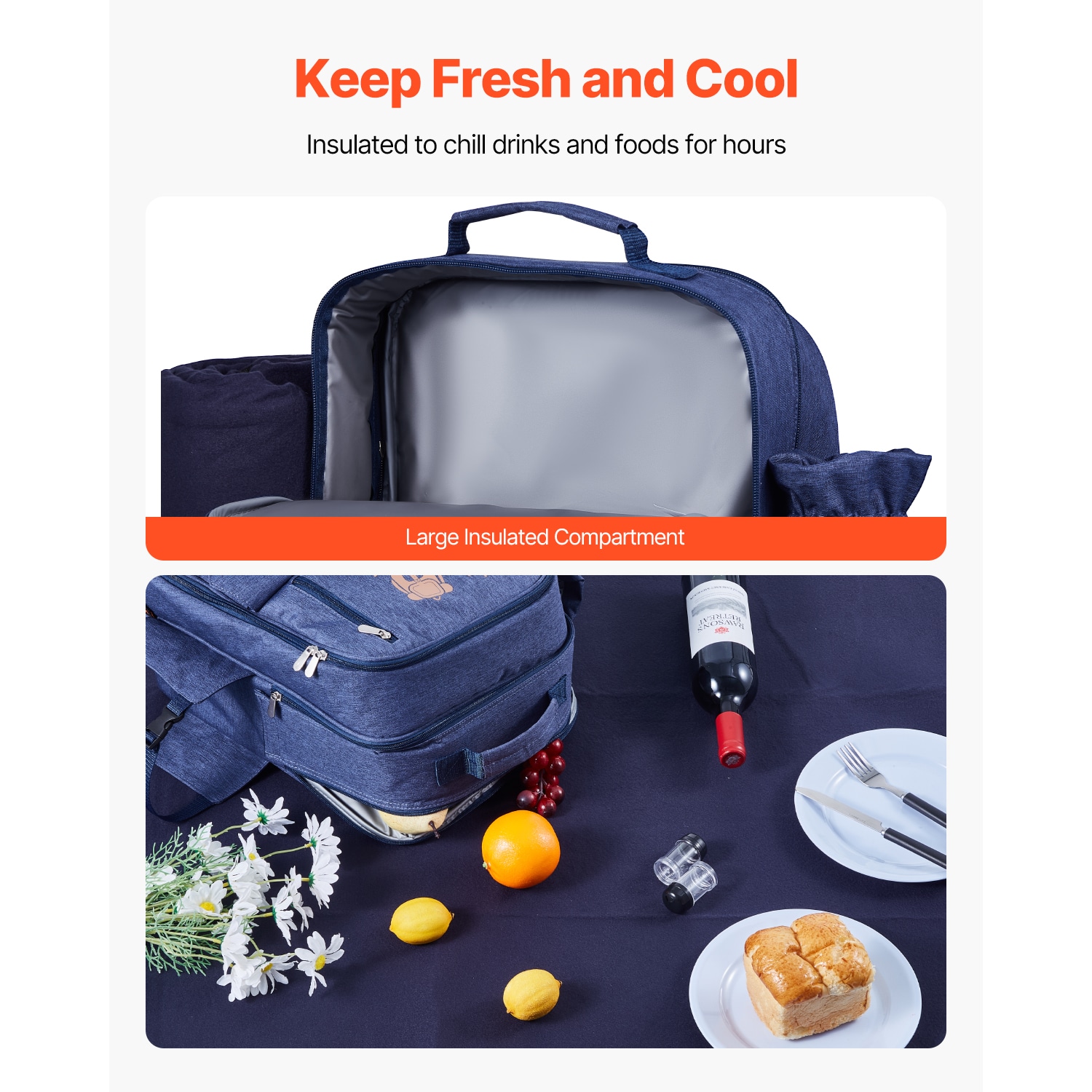 Beach Picnic Backpack Bag For 4 Person With Cooler Compartment Navy Blue_voghion.com